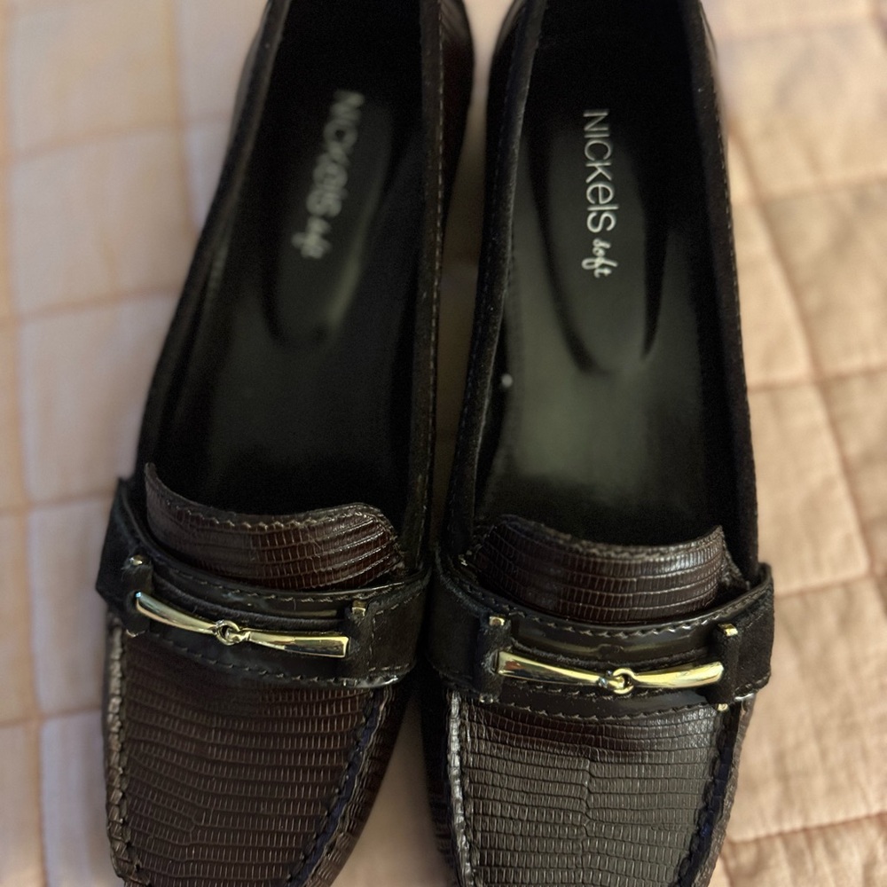 Nickels Brown Textured Leather Loafers with Gold Accent